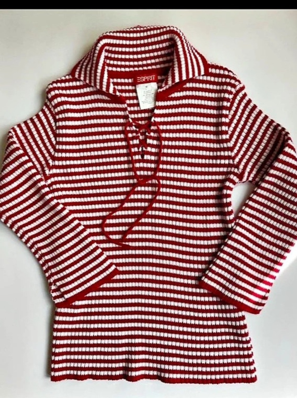 ESPRIT Vintage Red and White Striped Lace-Up Collar Sweater